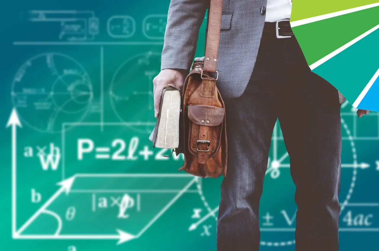 Man holding a satchel with a green board behind him