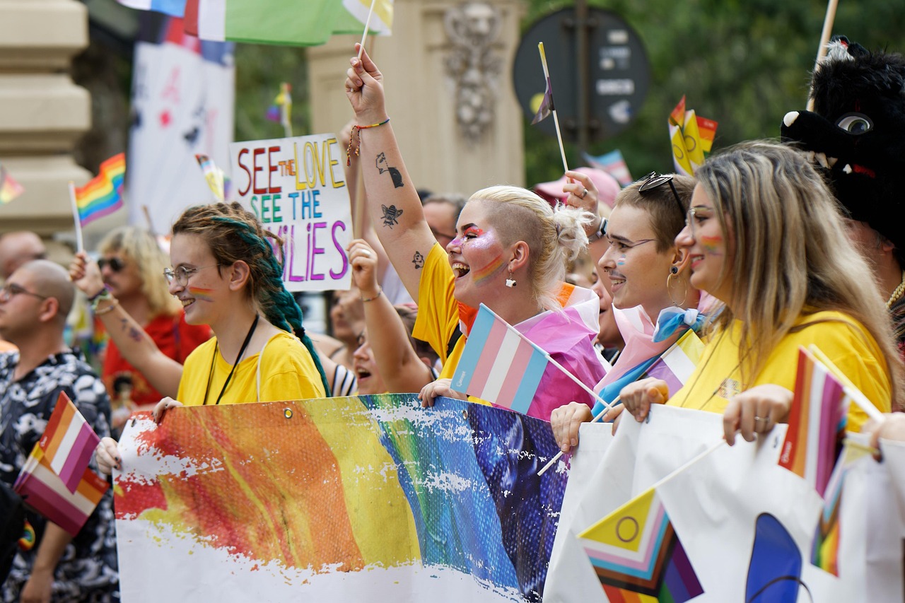 people, ladies, girls, colors, flags, advocacy, event, pride, parade, mark, the street, urban, town, community, cheerfulness, exuberance, physiognomy, claim, rights